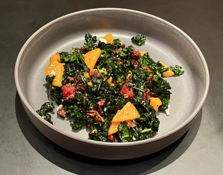 Persimmon Kale Salad with Toasted Pecans, Raspberries, and Feta Cheese